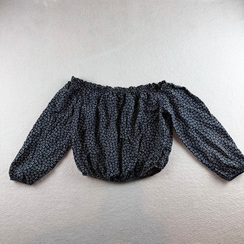 Brandy Melville Navy Blue Floral Off Shoulder Crop Top Long Sleeve One Size